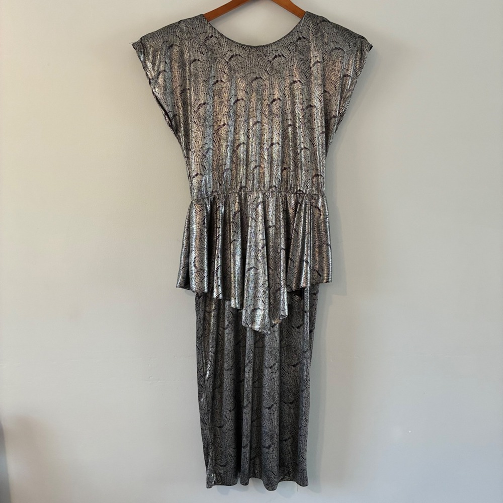 Stash Dress Wom 9/10 Silver Metallic Foil 80s Vtg Peplum Open Back Midi Cocktail